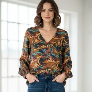 {Adrienne} Psychedelic Print Ballon Sleeve Blouse Size Medium